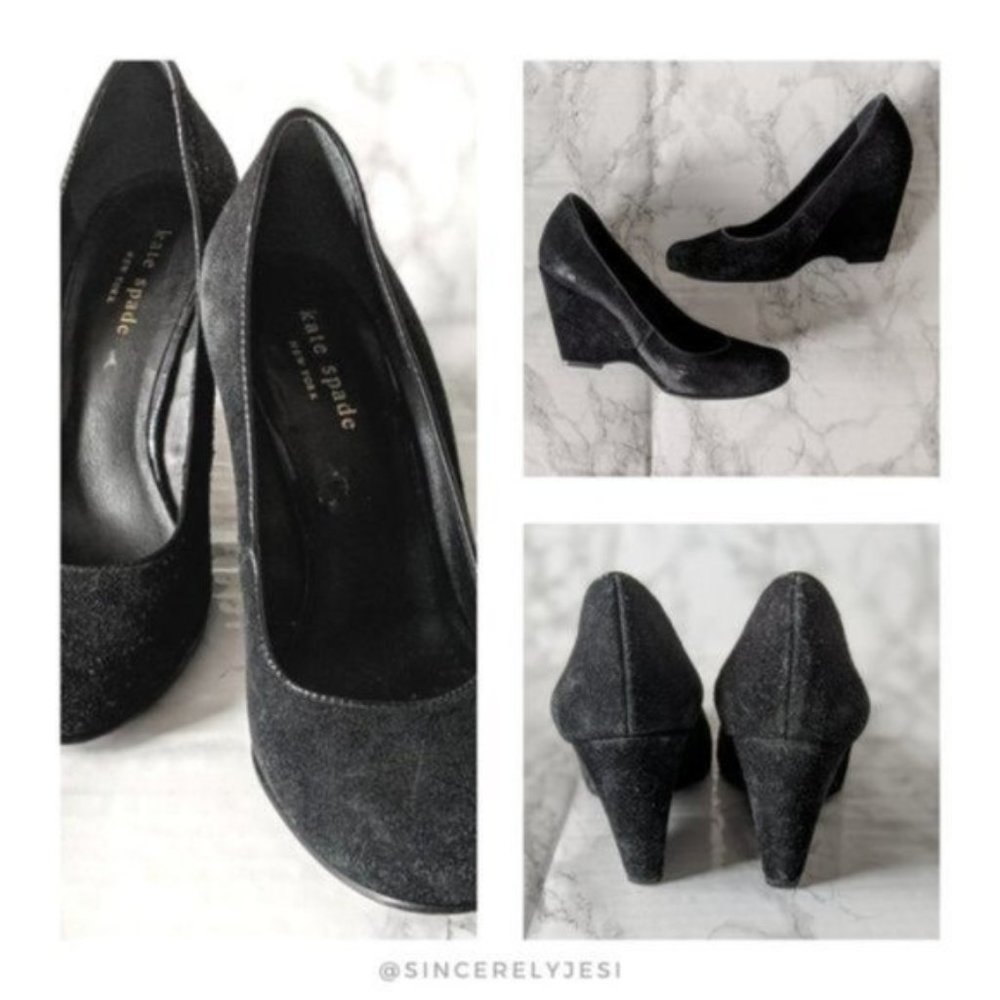 kate spade ▪ Classic Simple Black Suede Round Toe Work Career Wedge Heels